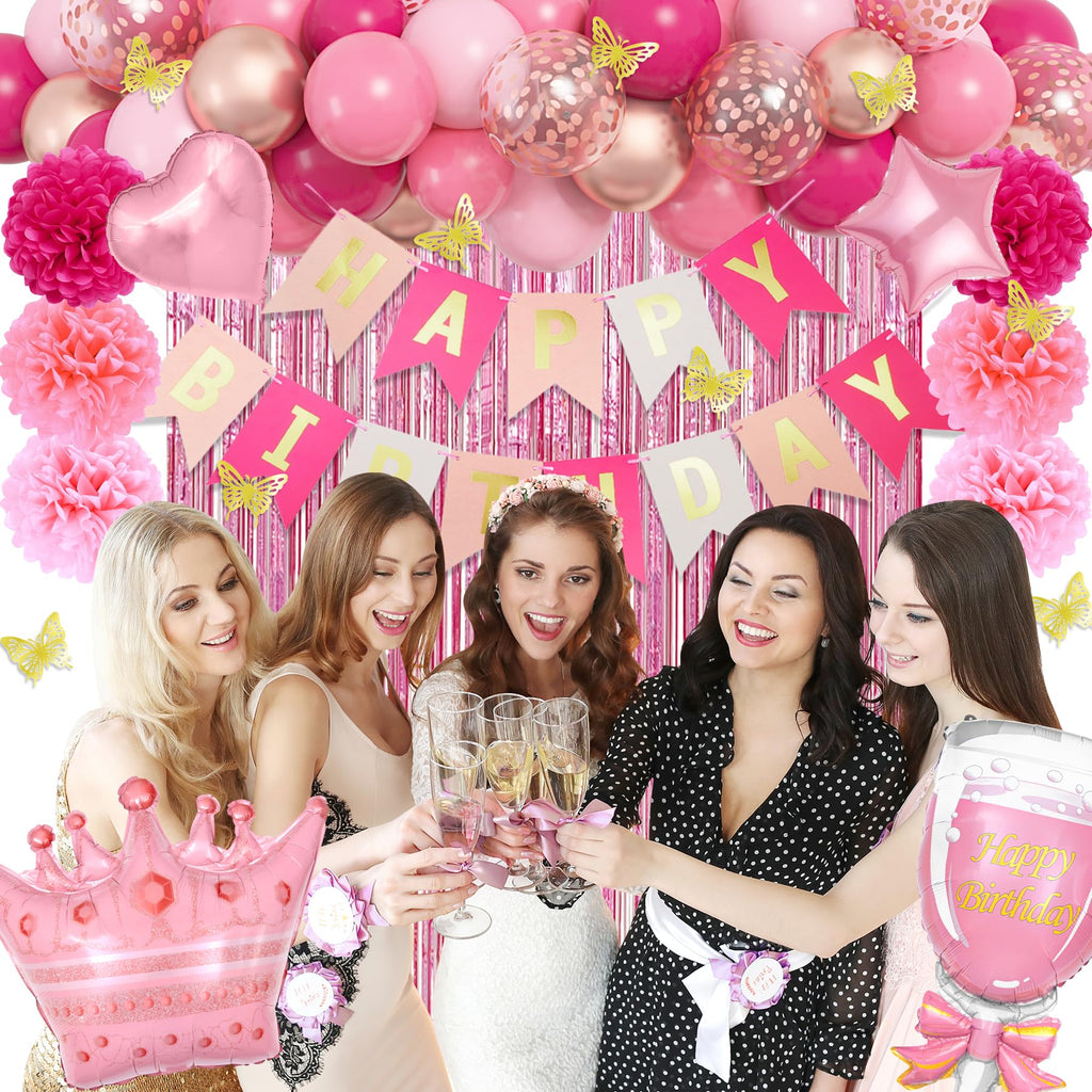 Ouddy Party Pink Birthday Decorations Kit for Women & Girls – Hot Pink, Rose Gold Balloons & Fringe Curtain