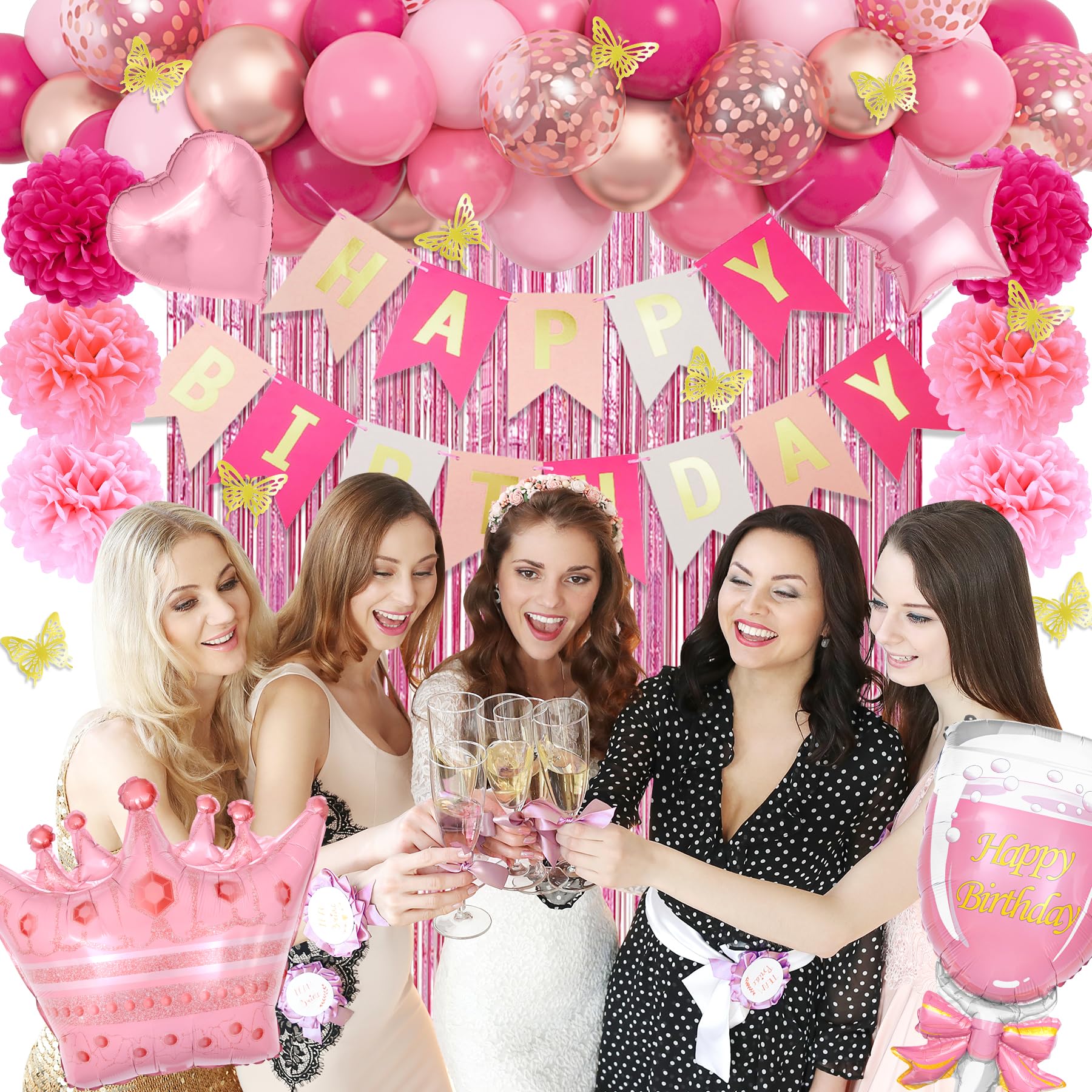 Ouddy Party Pink Birthday Decorations Kit for Women & Girls – Hot Pink, Rose Gold Balloons & Fringe Curtain