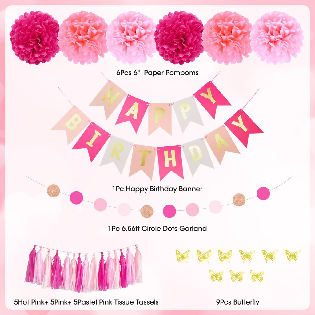 Ouddy Party Pink Birthday Decorations Kit for Women & Girls – Hot Pink, Rose Gold Balloons & Fringe Curtain