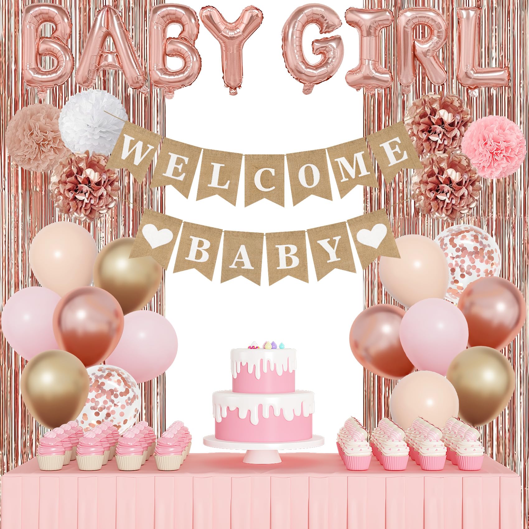 Ouddy Party Rose Gold Baby Shower Decorations – Banner, Balloons & Fringes