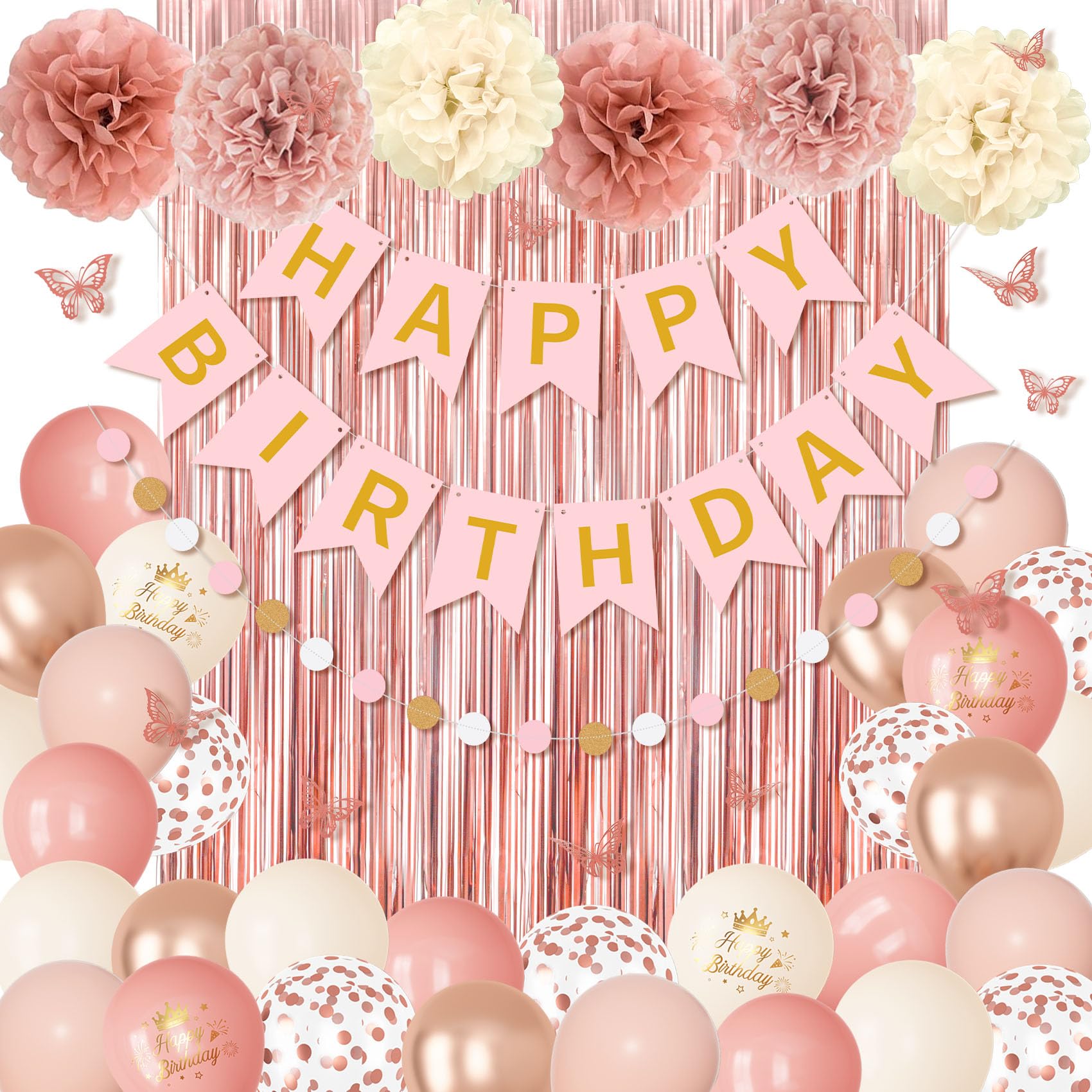 Ouddy Party Pink Decorations for Women & Girls – Dusty Pink Balloons & Rose Gold Fringe