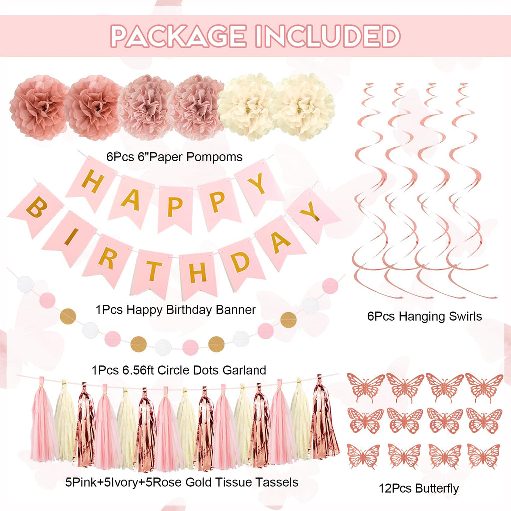 Ouddy Party Pink Birthday Decorations – Dusty Pink & Rose Gold Balloons & Banner Set