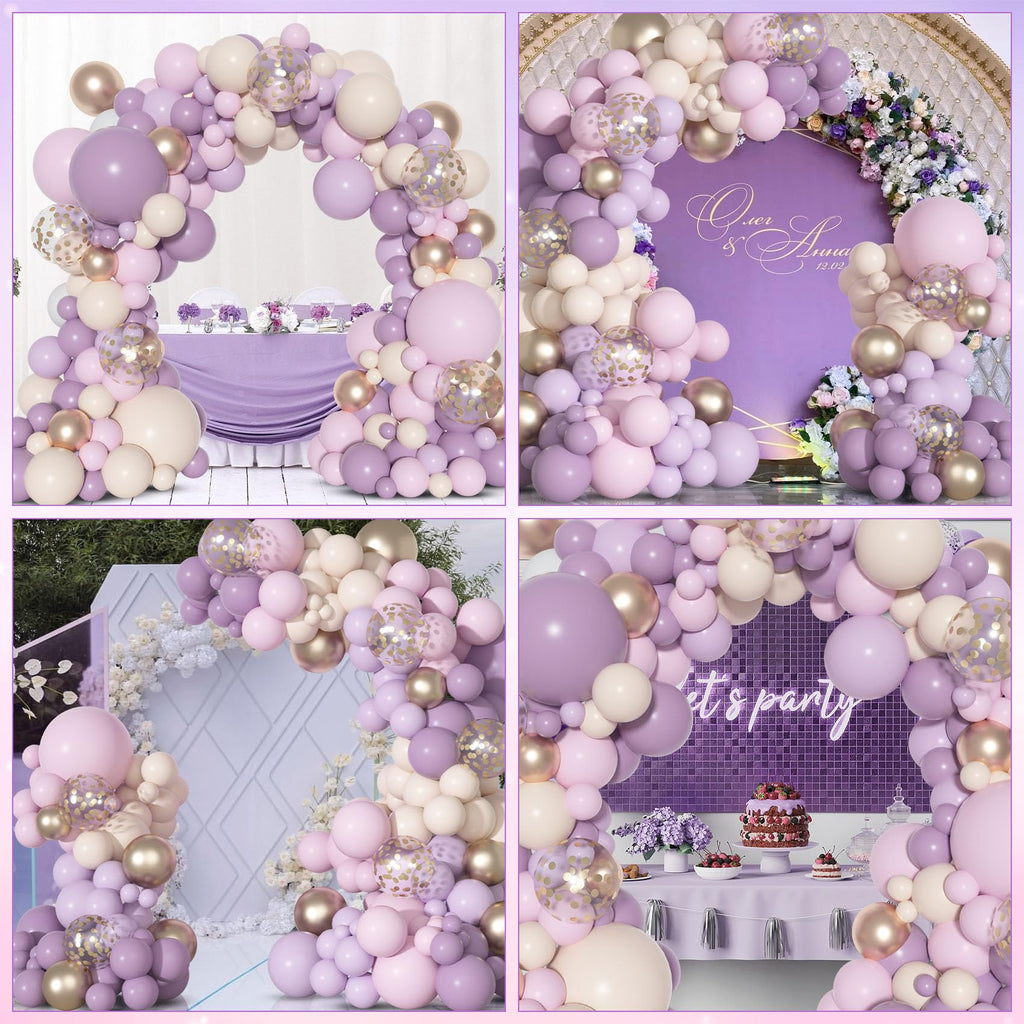 Ouddy Party Dusty Purple Balloon Arch Garland Kit – 18in/12in/10in/5in Balloons in Dusty Purple, Lavender, Sand, Pink, and Rose Gold Confetti