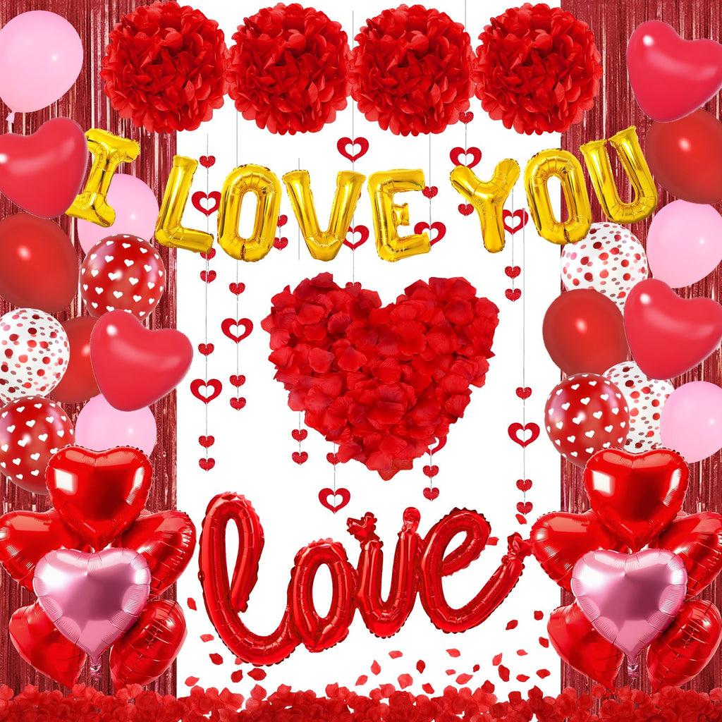 Ouddy Party Red Valentines Day Decorations Set – I Love You Banner, 1000 Rose Petals, Heart Balloons & Foil Curtain