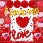 Ouddy Party Red Valentines Day Decorations Set – I Love You Banner, 1000 Rose Petals, Heart Balloons & Foil Curtain