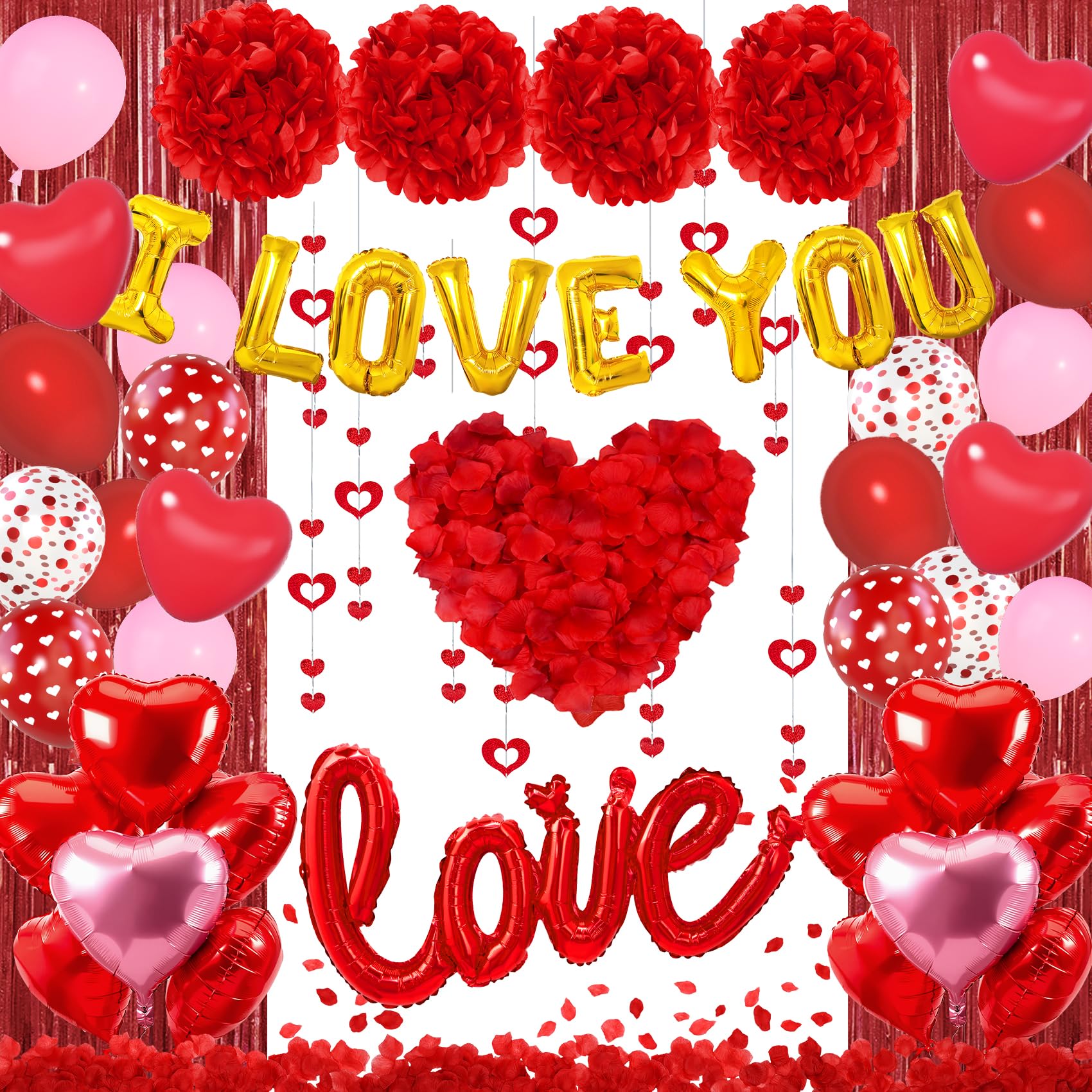 Ouddy Party Red Valentines Day Decorations Set – I Love You Banner, 1000 Rose Petals, Heart Balloons & Foil Curtain