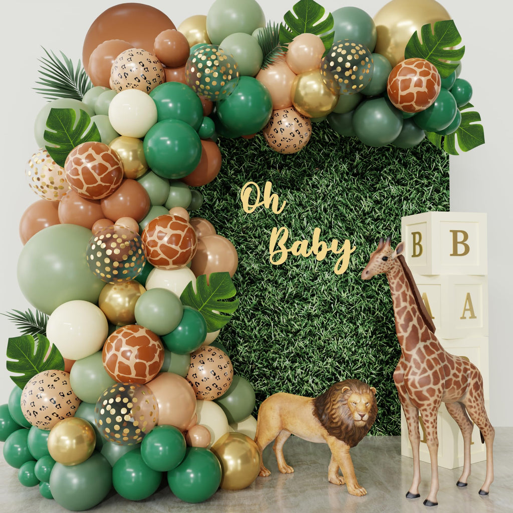 Ouddy Party 170Pcs Jungle Safari Balloons Arch Garland Kit – Sage Green & Brown Animal Print, Palm Leaves for Baby Shower & Jungle Theme