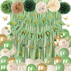 Ouddy Party Sage Green Birthday Decorations – Balloons, Fringe Curtain, Banners & Pompoms