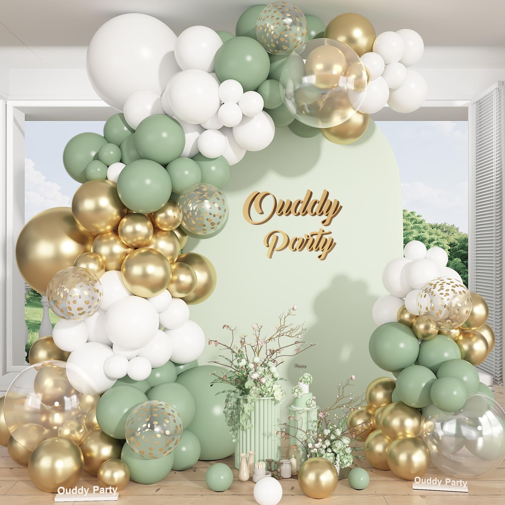 Ouddy Party Sage Green White Gold Balloon Arch Garland Kit – 149 Pcs + Confetti Balloons