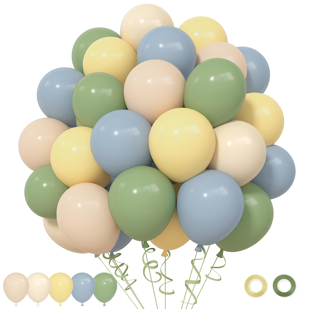 Ouddy Party 72pcs Green Dusty Blue Yellow Balloons Set – 12in Sage Green, Dusty Blue, Pastel Yellow, White Sand, Nude