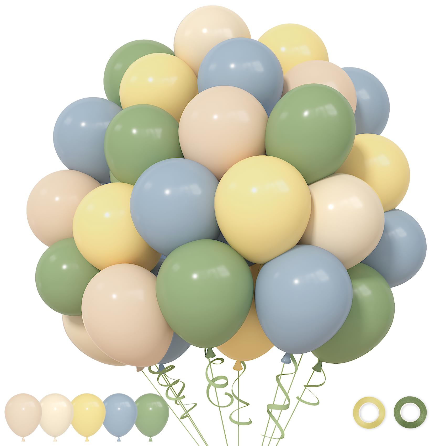 Ouddy Party 72pcs Green Dusty Blue Yellow Balloons Set – 12in Sage Green, Dusty Blue, Pastel Yellow, White Sand, Nude