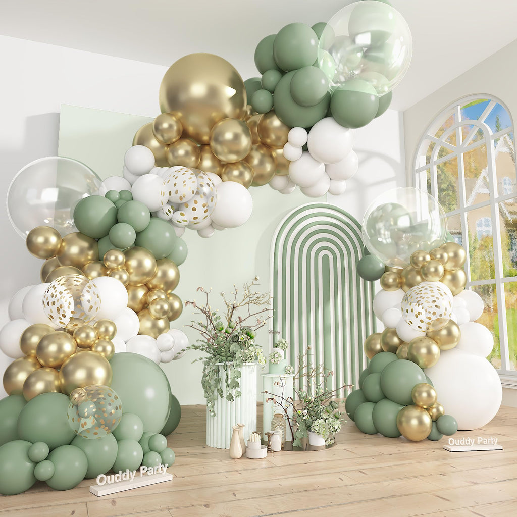 Ouddy Party Sage Green White Gold Balloon Arch Garland Kit – 149 Pcs + Confetti Balloons