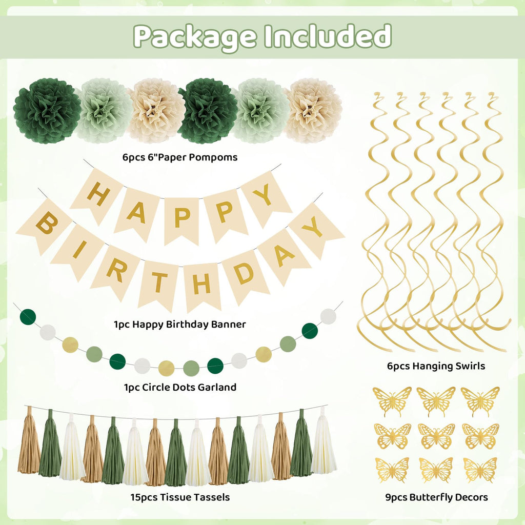 Ouddy Party Sage Green Birthday Decorations for Women & Girls | Balloons, Banner & Fringe