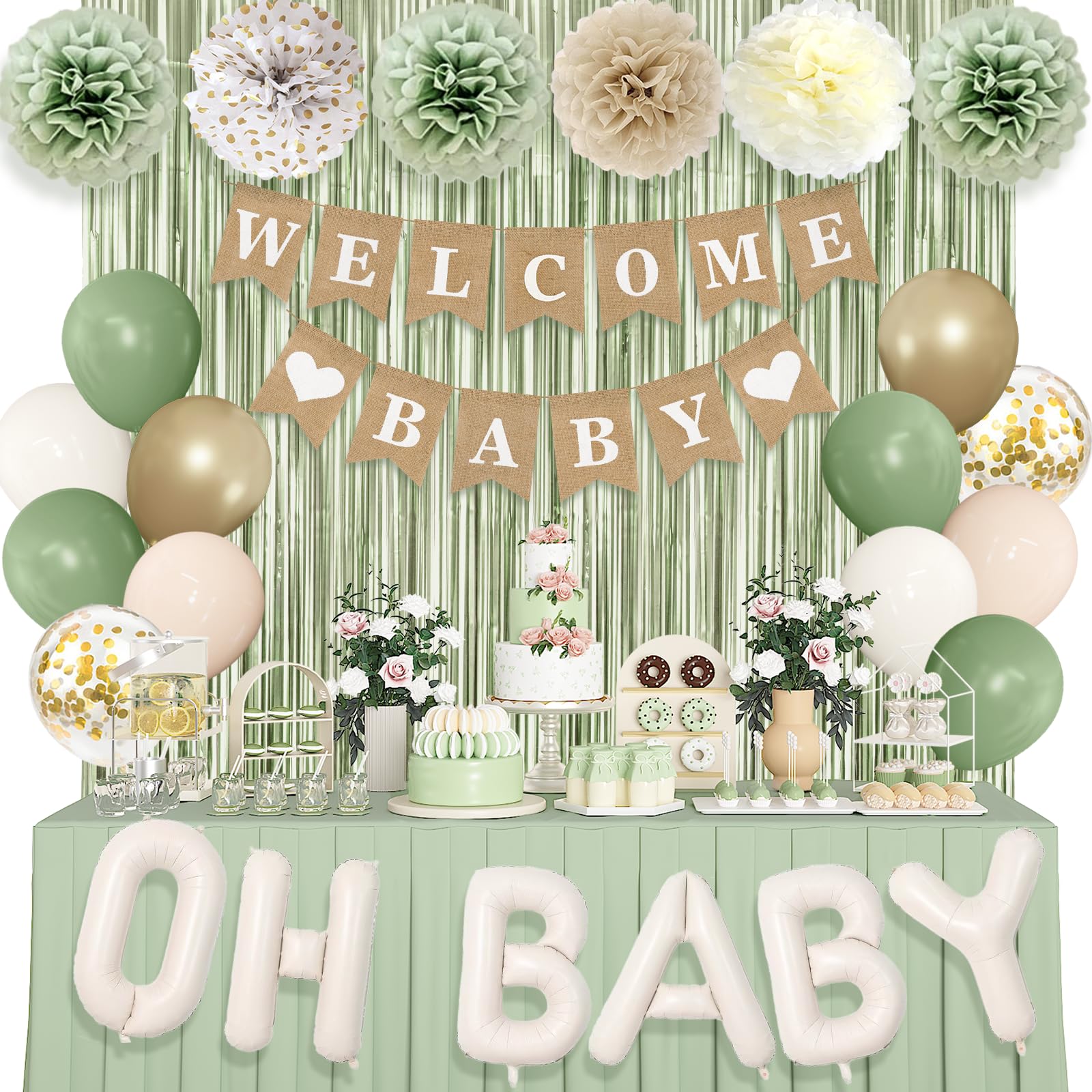 Ouddy Party Sage Green Baby Shower Decorations – Green Balloons, Welcome Baby Banner & Fringe Curtains