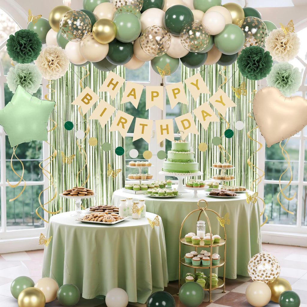 Ouddy Party Sage Green Birthday Decorations for Women & Girls | Balloons, Banner & Fringe