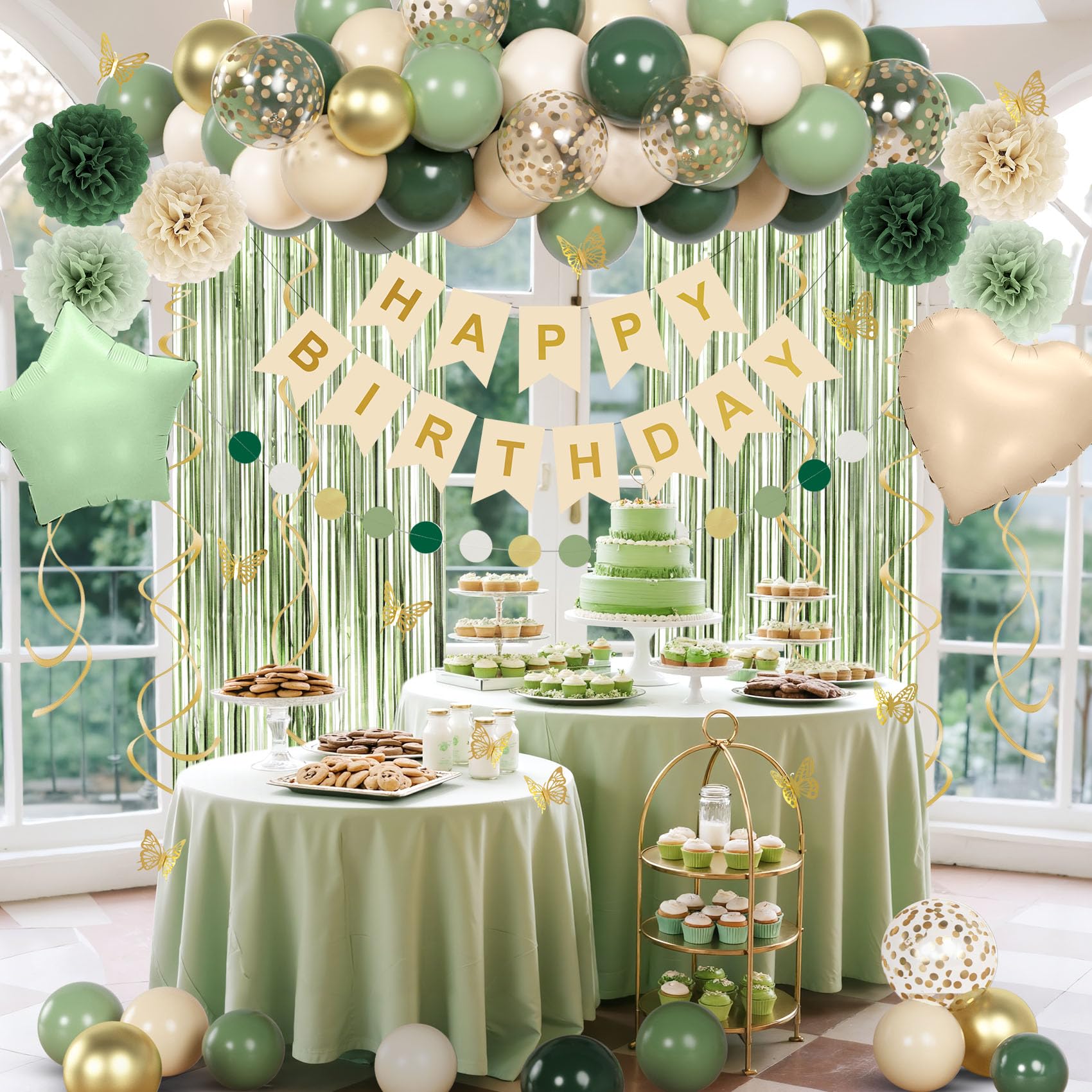 Ouddy Party Sage Green Birthday Decorations for Women & Girls | Balloons, Banner & Fringe