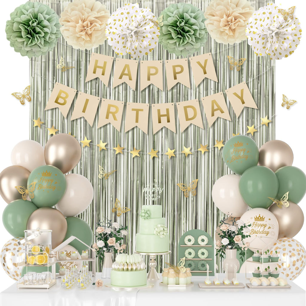 Ouddy Party Sage Green Birthday Decorations – Confetti Balloons, Fringe Curtain & More