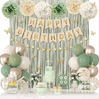 Ouddy Party Sage Green Birthday Decorations – Confetti Balloons, Fringe Curtain & More