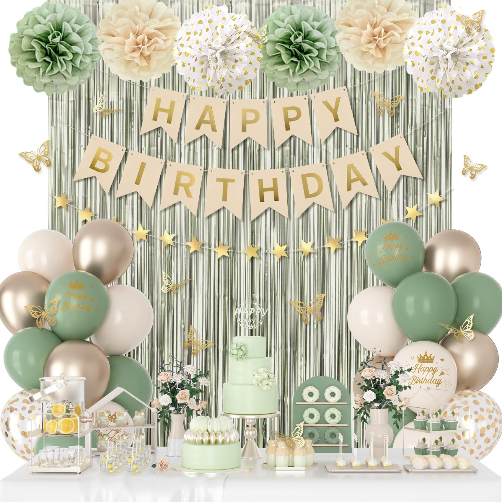 Ouddy Party Sage Green Birthday Decorations – Confetti Balloons, Fringe Curtain & More