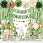 Ouddy Party Sage Green Birthday Decorations – Balloons, Fringe Curtain, Banners & Pompoms