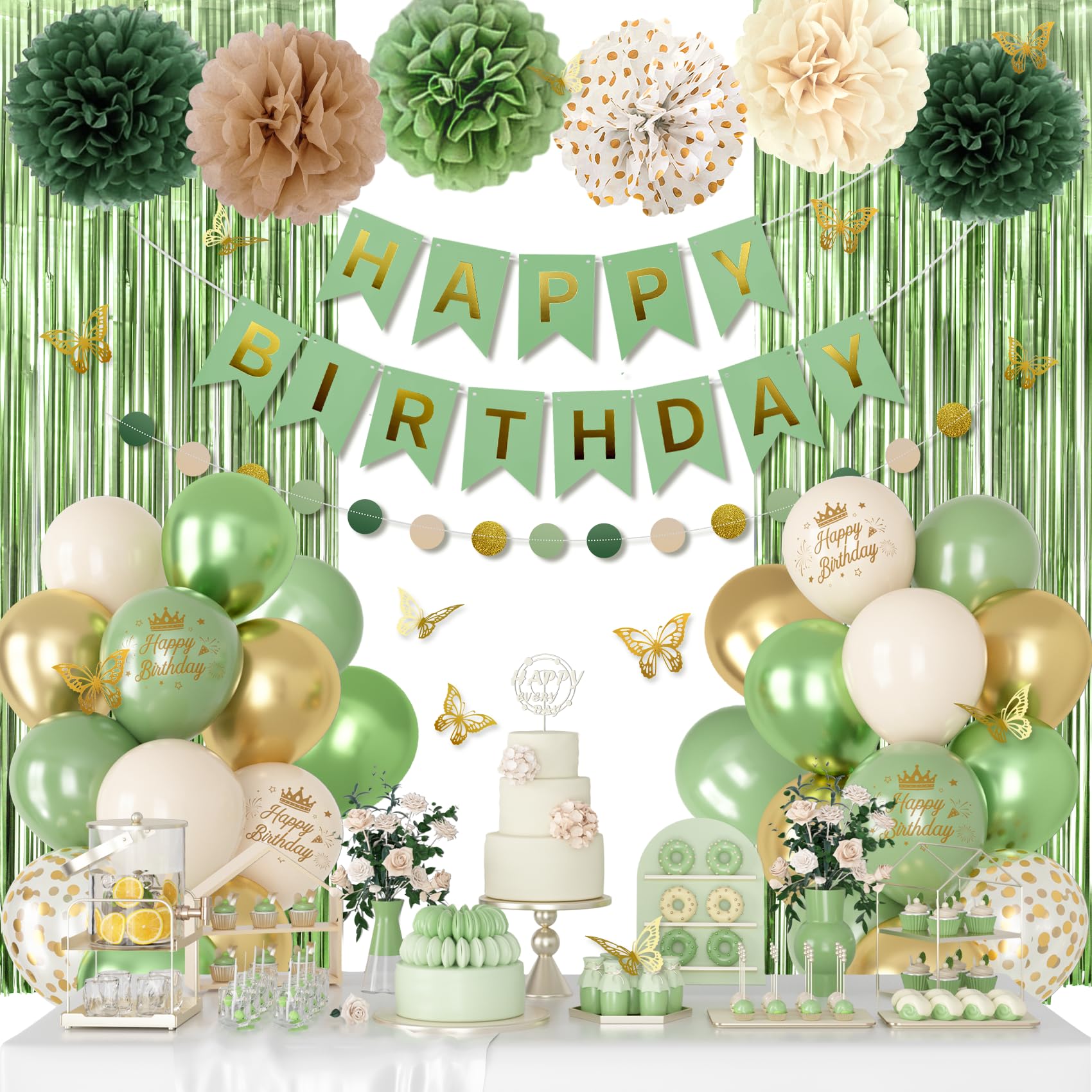 Ouddy Party Sage Green Birthday Decorations – Balloons, Fringe Curtain, Banners & Pompoms