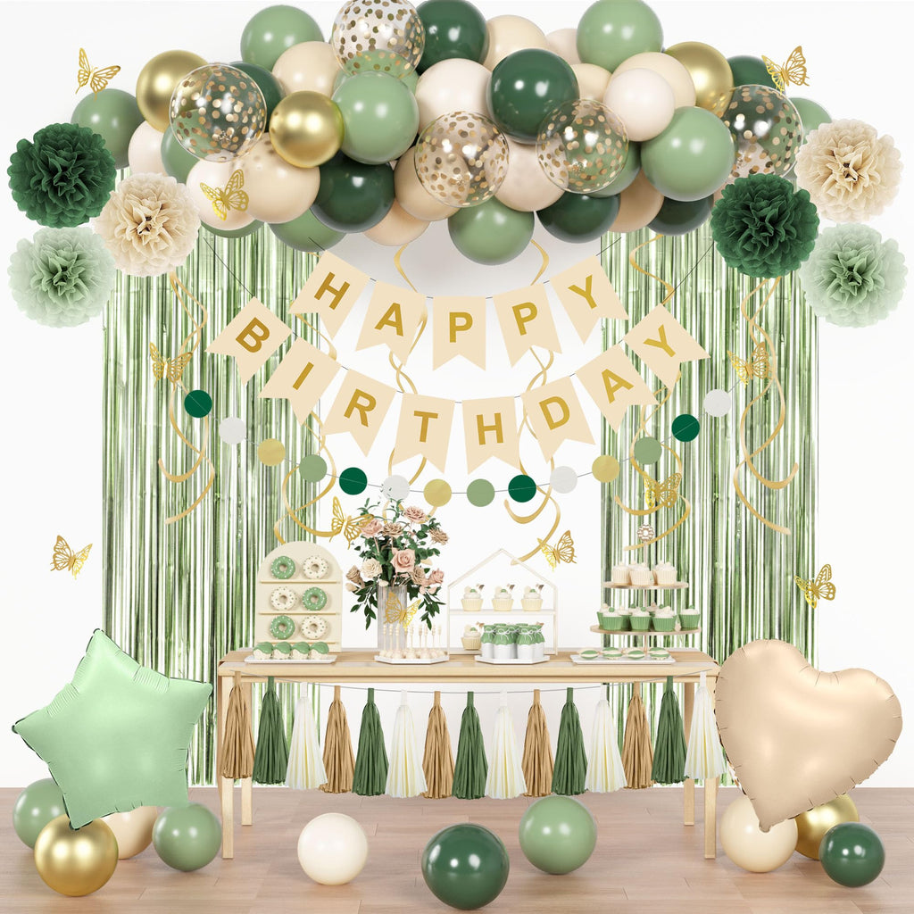 Ouddy Party Sage Green Birthday Decorations for Women & Girls | Balloons, Banner & Fringe