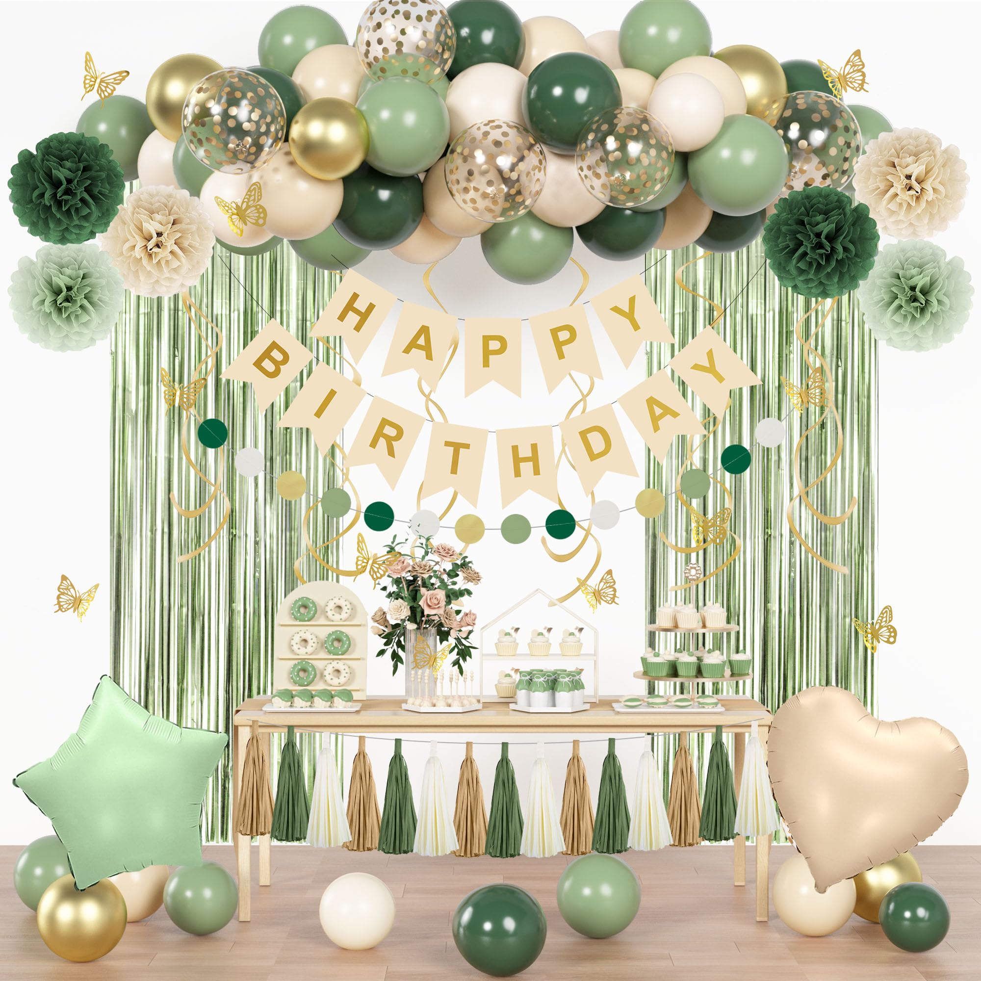 Ouddy Party Sage Green Birthday Decorations for Women & Girls | Balloons, Banner & Fringe