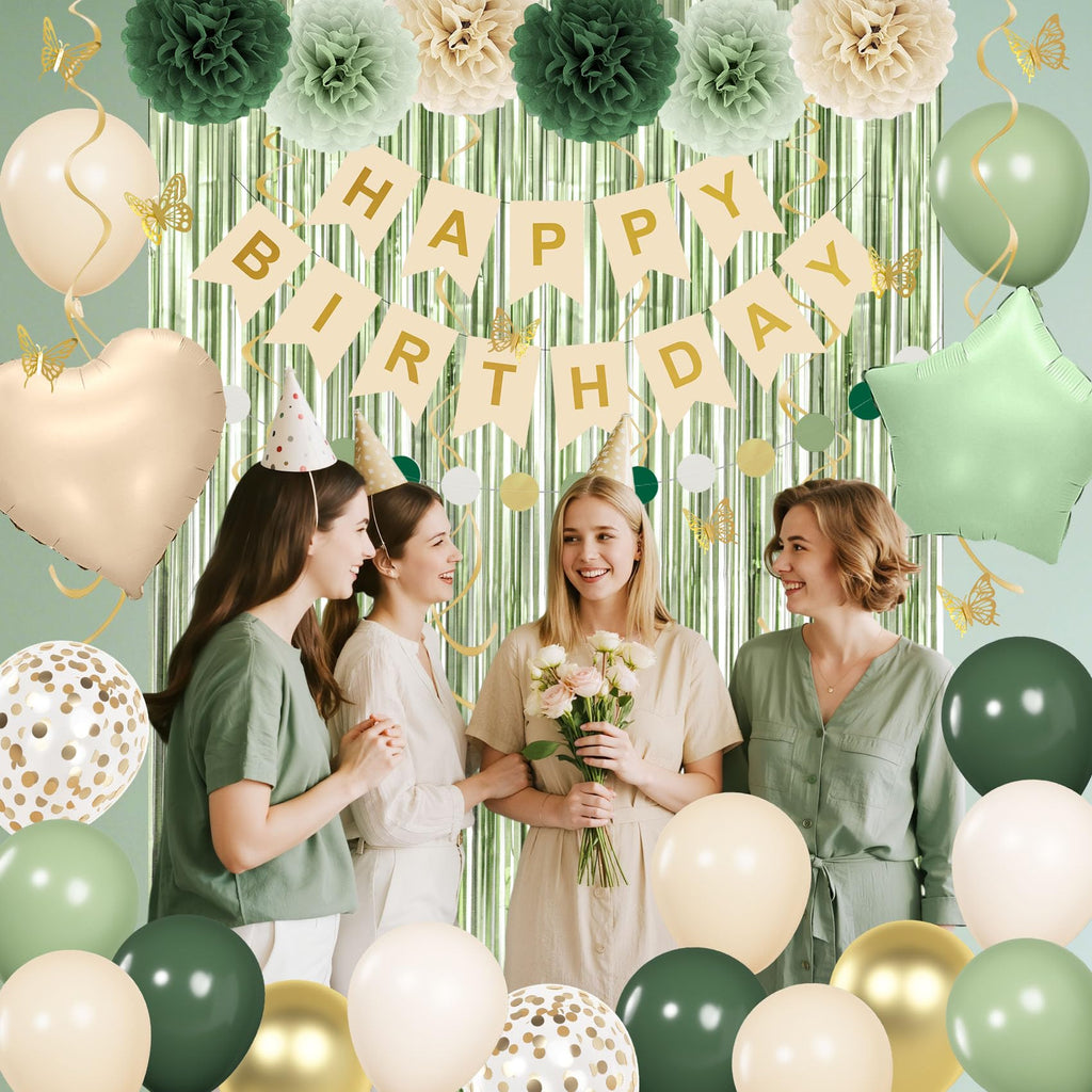 Ouddy Party Sage Green Birthday Decorations for Women & Girls | Balloons, Banner & Fringe