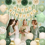 Ouddy Party Sage Green Birthday Decorations for Women & Girls | Balloons, Banner & Fringe