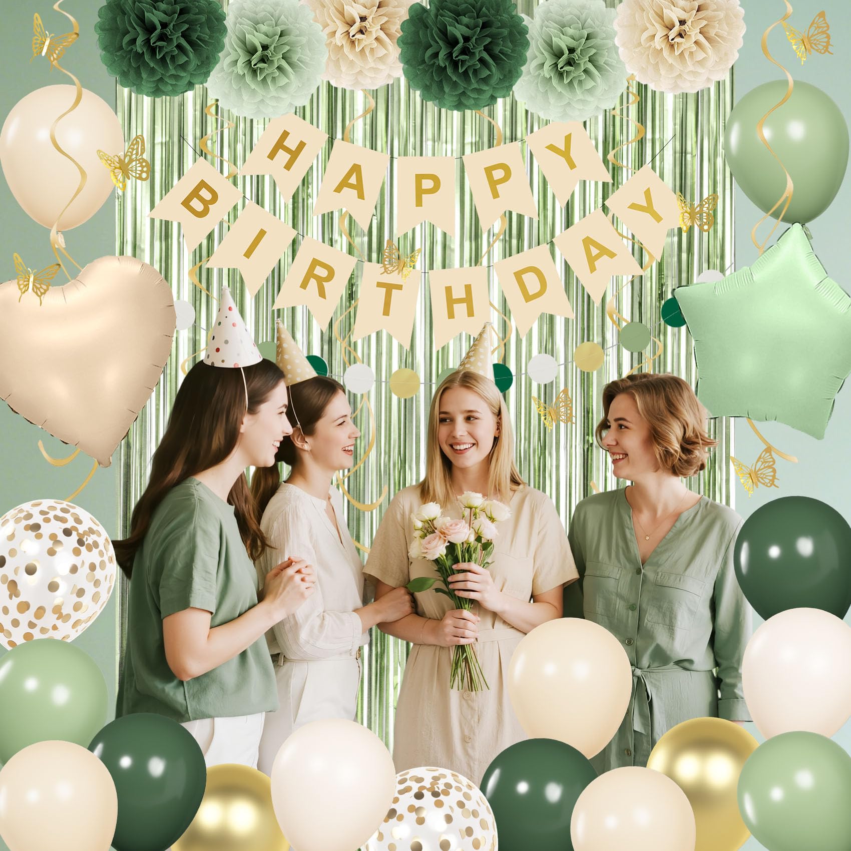 Ouddy Party Sage Green Birthday Decorations for Women & Girls | Balloons, Banner & Fringe