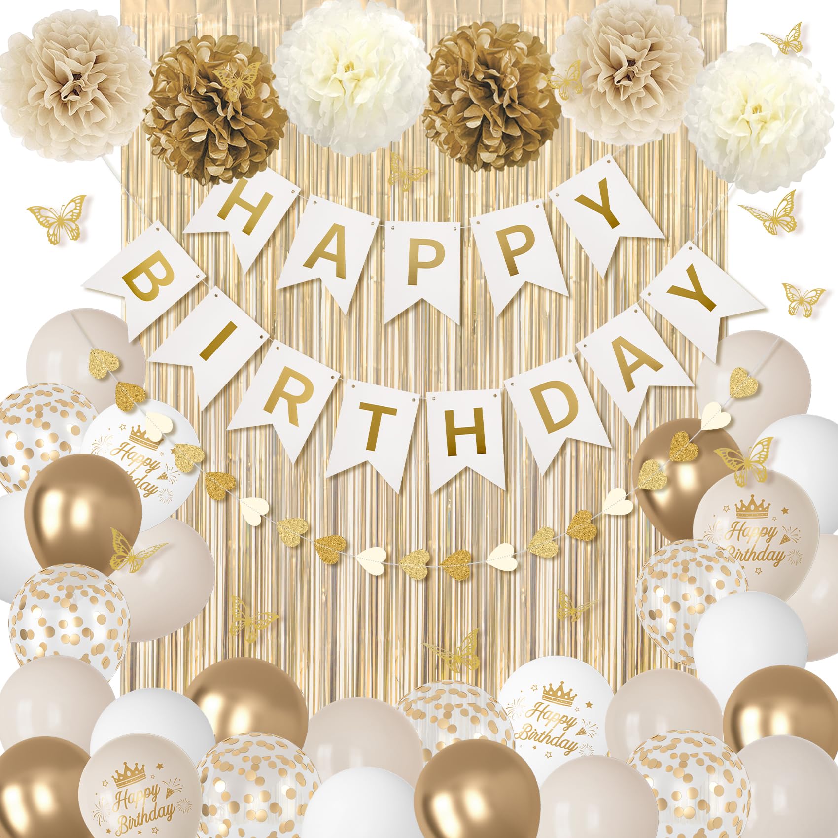 Ouddy Party White & Gold Birthday Decorations Kit — Confetti Balloons, Fringe Curtain, Banners