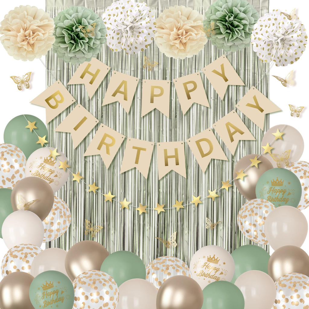 Ouddy Party Sage Green Birthday Decorations – Confetti Balloons, Fringe Curtain & More