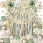 Ouddy Party Sage Green Birthday Decorations – Confetti Balloons, Fringe Curtain & More