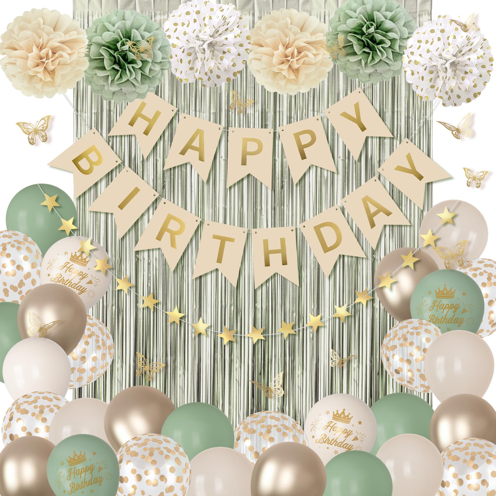 Ouddy Party Sage Green Birthday Decorations – Confetti Balloons, Fringe Curtain & More