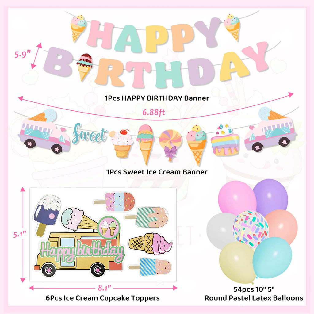 Ouddy Party 75Pcs Ice Cream Birthday Decorations for Girls – Pastel Balloon Arch Kit, Banners & Cupcake Toppers