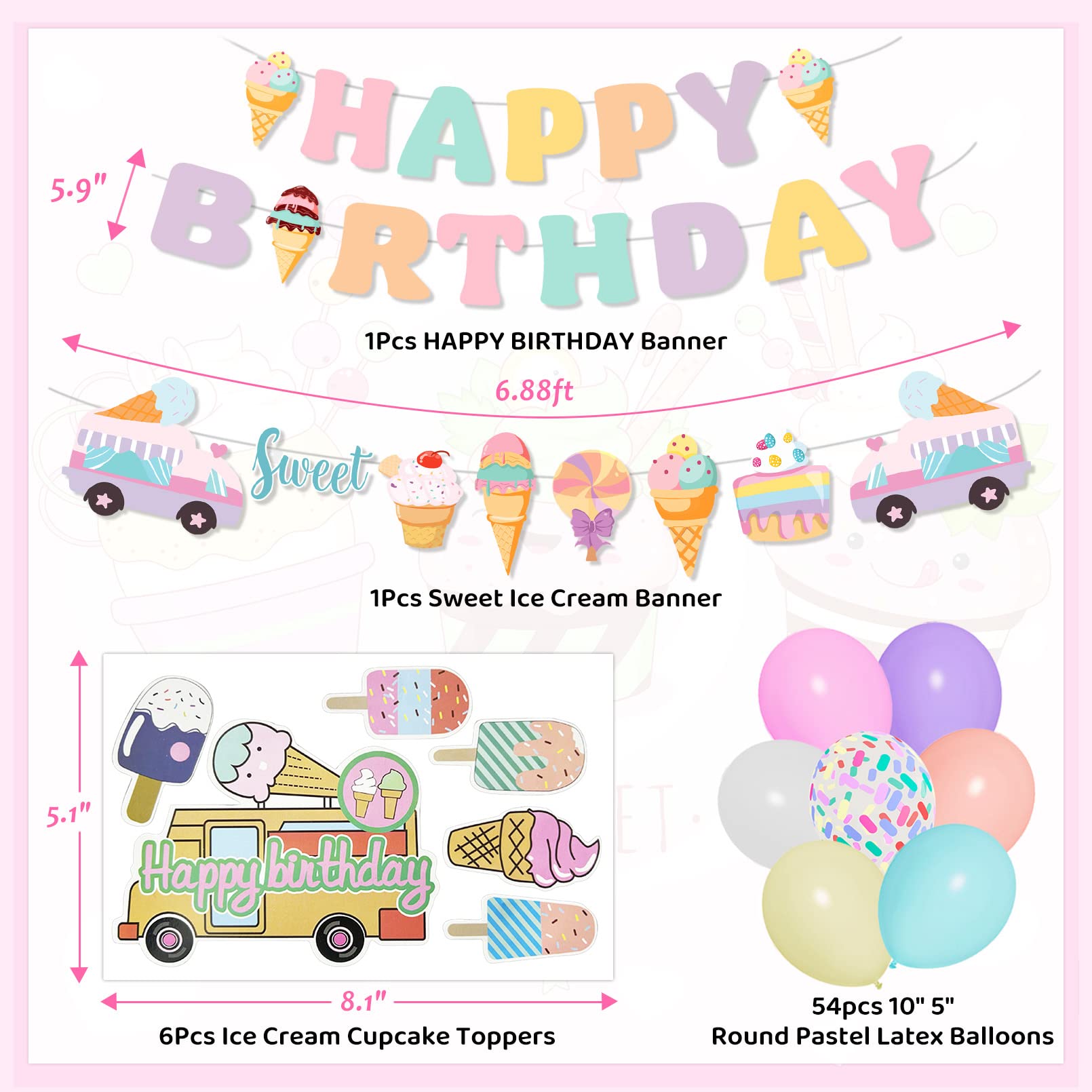 Ouddy Party 75Pcs Ice Cream Birthday Decorations for Girls – Pastel Balloon Arch Kit, Banners & Cupcake Toppers