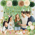 Ouddy Party Sage Green Birthday Decorations – Balloons, Fringe Curtain, Banners & Pompoms