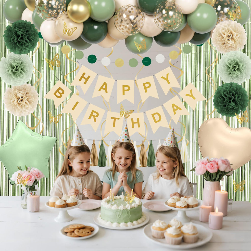 Ouddy Party Sage Green Birthday Decorations for Women & Girls | Balloons, Banner & Fringe