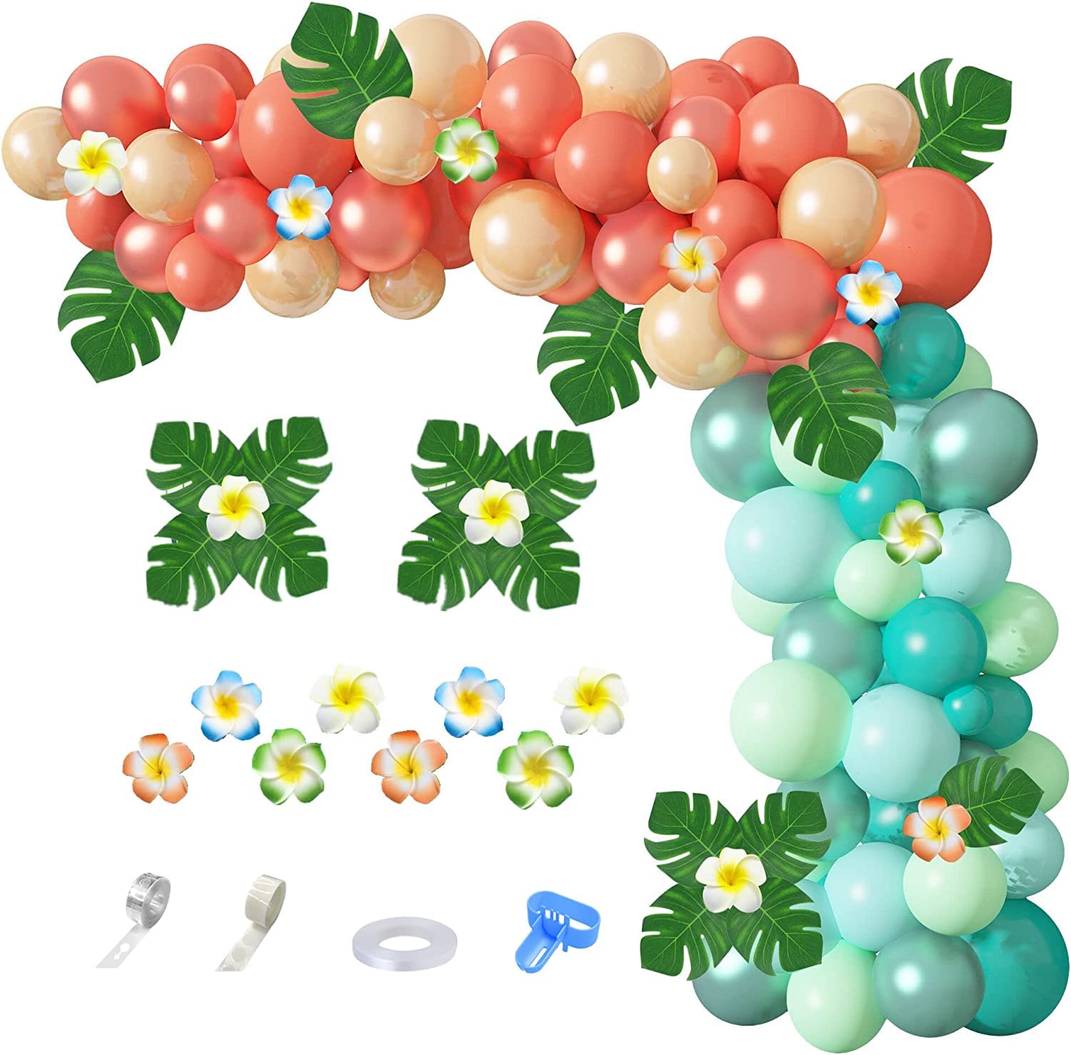 Ouddy Party Tropical Balloon Garland Arch Kit – 85pcs 12in/10in/5in Balloons with Palm Leaves & Plumeria for Luau & Hawaii Parties