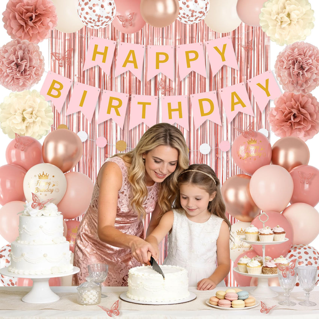 Ouddy Party Pink Decorations for Women & Girls – Dusty Pink Balloons & Rose Gold Fringe