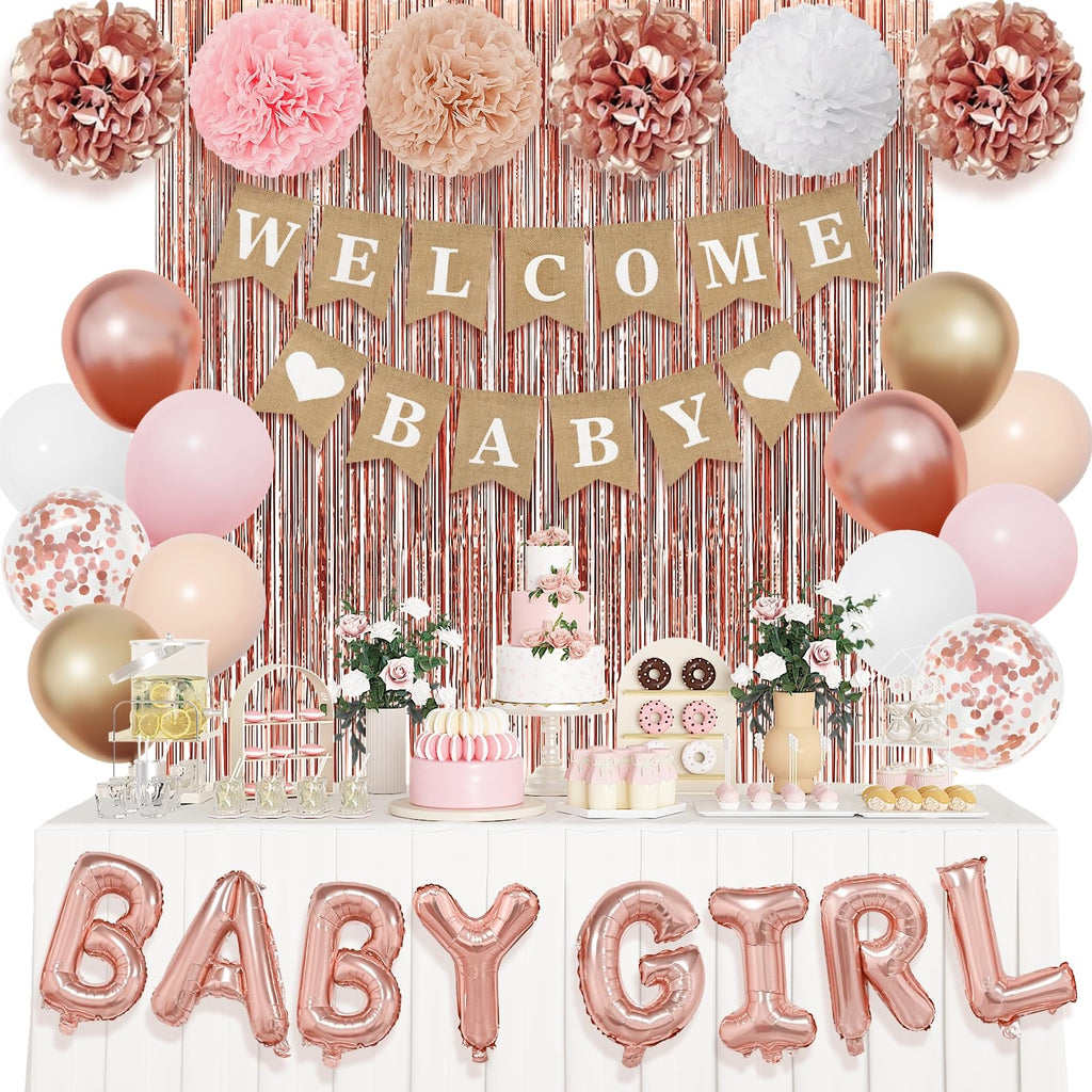 Ouddy Party Rose Gold Baby Shower Decorations – Banner, Balloons & Fringes
