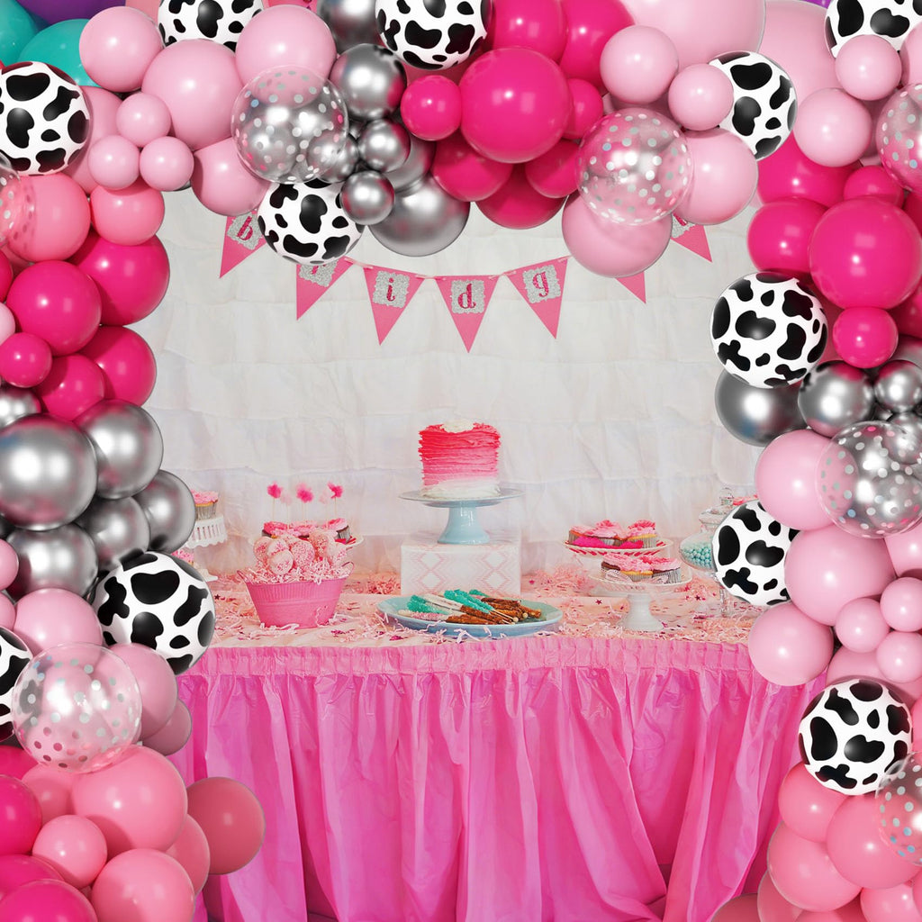Ouddy Party 170Pcs Cowgirl Balloons Arch Kit – Hot Pink & Silver Cow Print, Western Party Decor