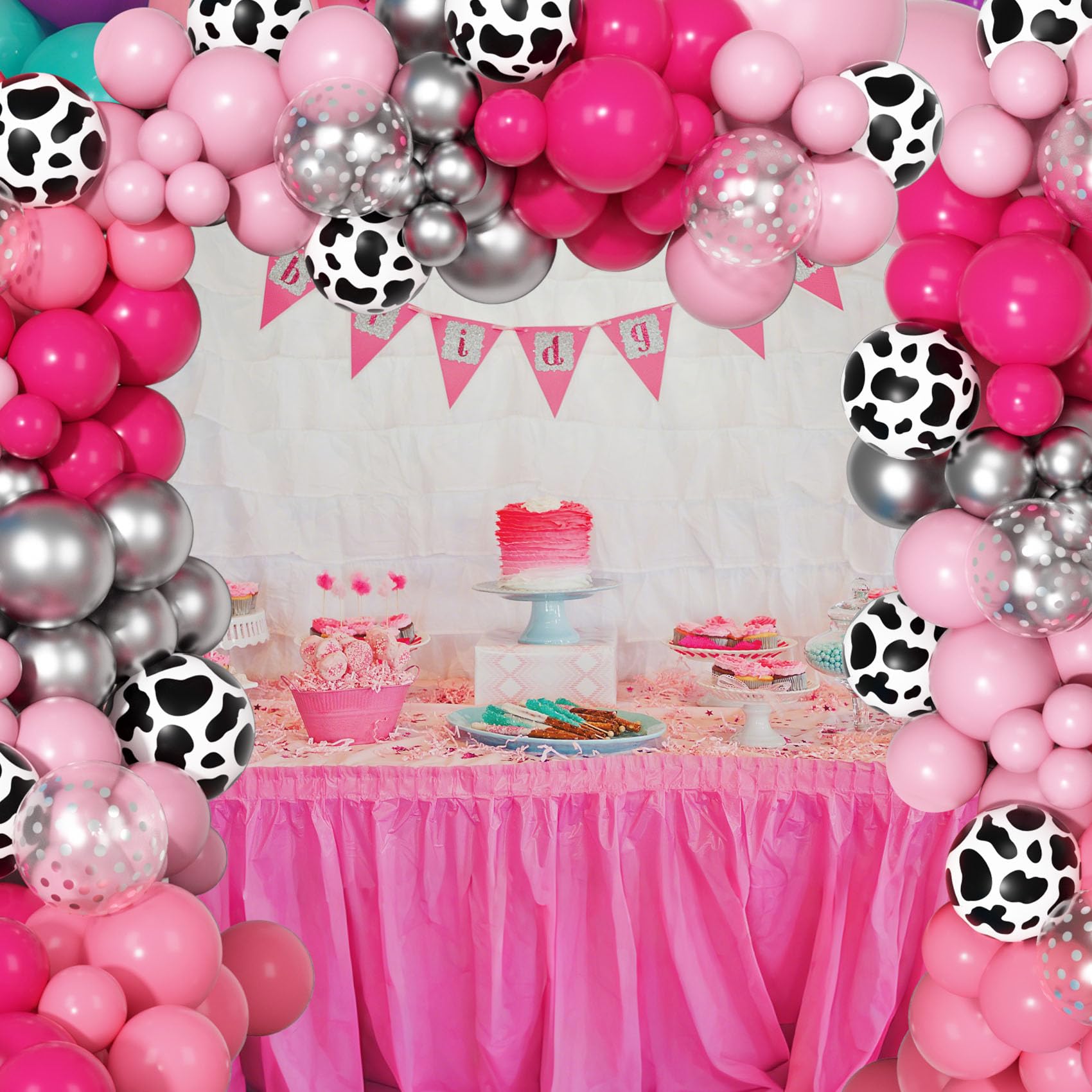Ouddy Party 170Pcs Cowgirl Balloons Arch Kit – Hot Pink & Silver Cow Print, Western Party Decor