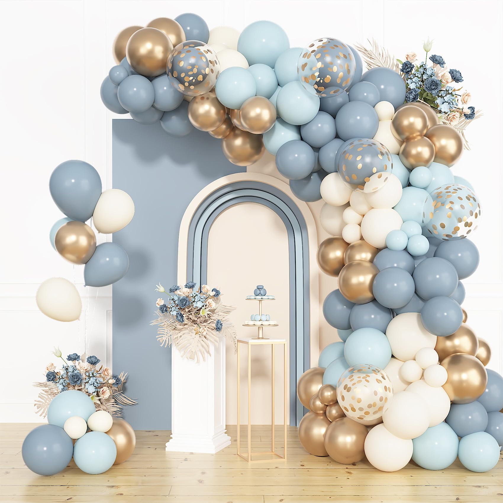 Ouddy Party 72pcs Dusty Blue & Gold Balloons Set – 12in Latex Confetti & Pastel Mix