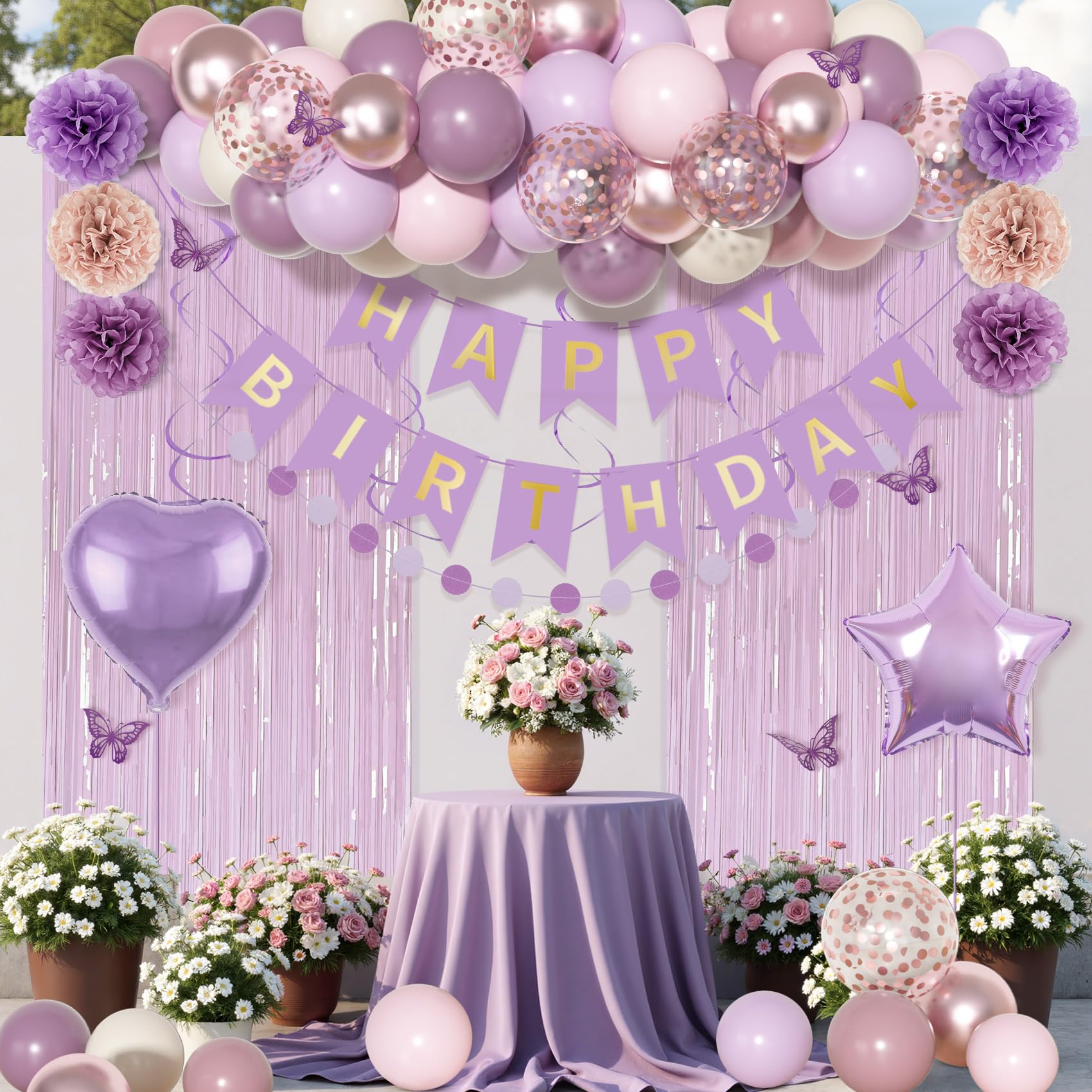 Ouddy Party Dusty Purple Birthday Decorations – Lavender Pink Confetti & Rose Gold Balloons