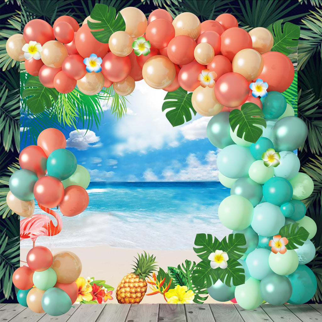 Ouddy Party Tropical Balloon Garland Arch Kit – 85pcs 12in/10in/5in Balloons with Palm Leaves & Plumeria for Luau & Hawaii Parties