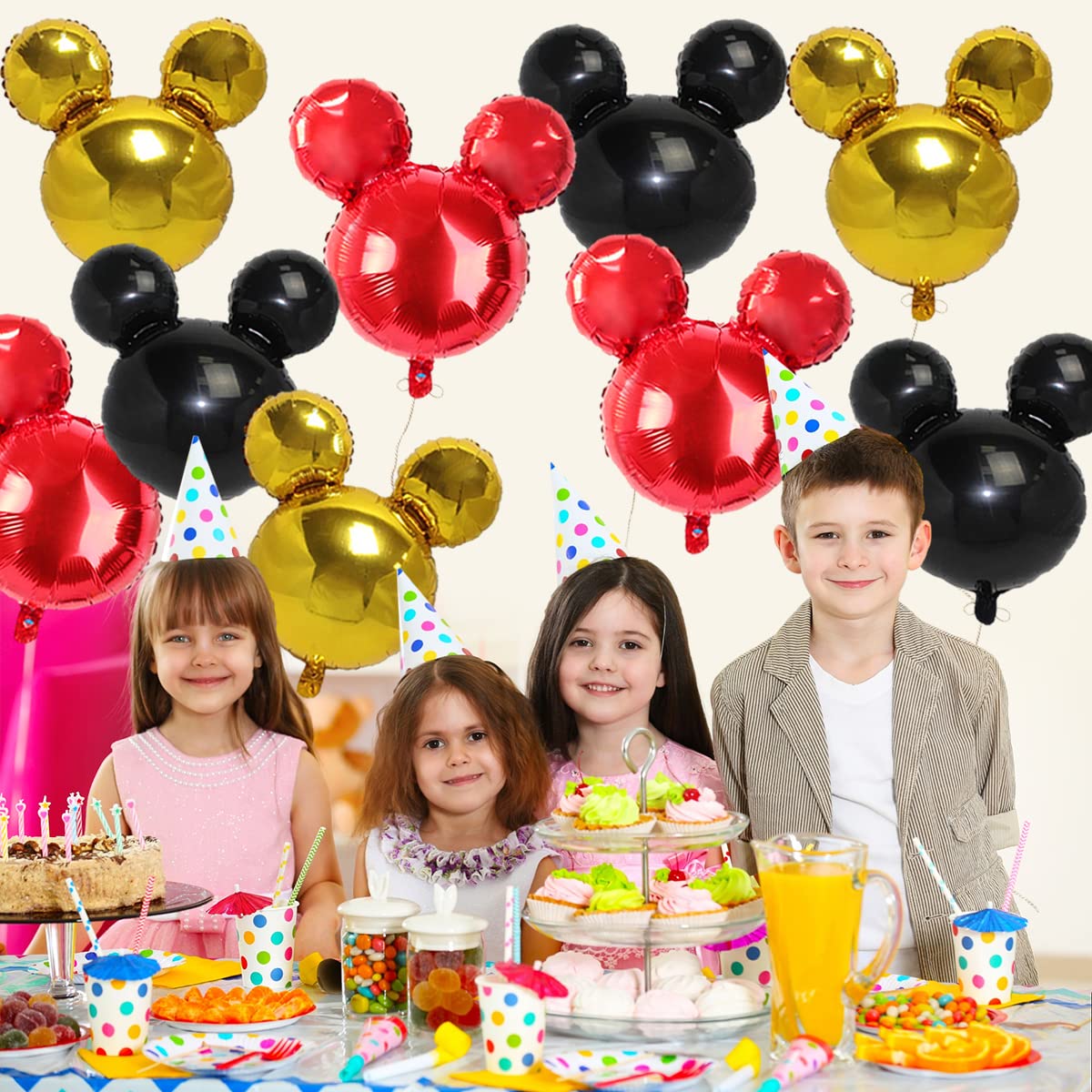 OULUN 9Pack Mouse Party Foil Balloons – 27” Black Red Yellow Mickey Theme Decor