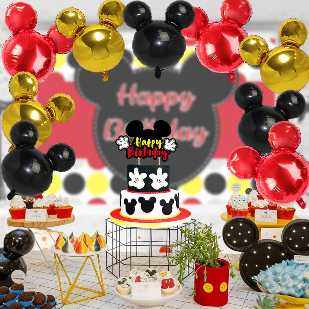 OULUN 9Pack Mouse Party Foil Balloons – 27” Black Red Yellow Mickey Theme Decor