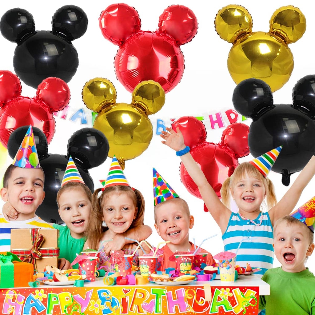 OULUN 9Pack Mouse Party Foil Balloons – 27” Black Red Yellow Mickey Theme Decor