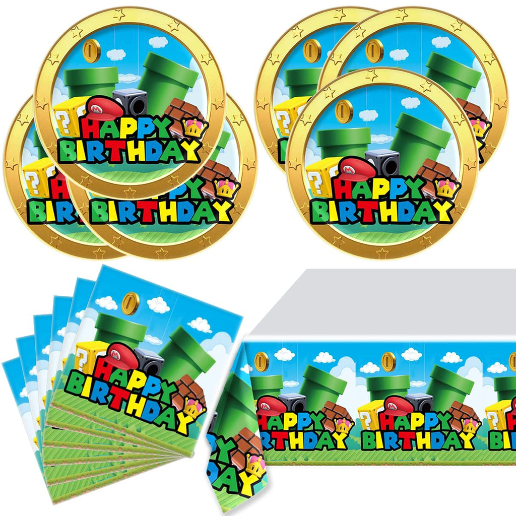 OULUN Super Bros Party Tableware Set – 20 Plates, 20 Napkins, 71x42 Tablecloth